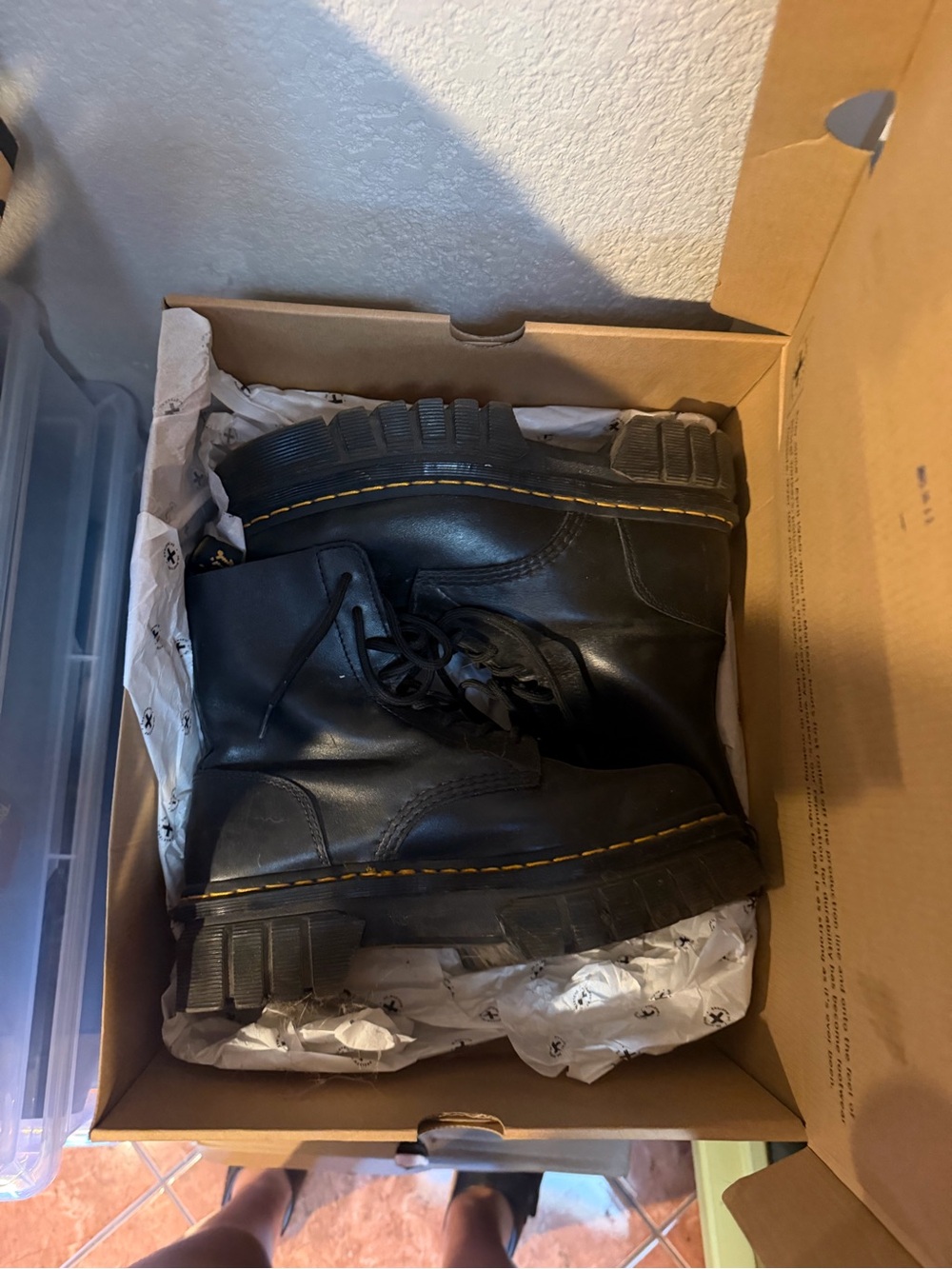 Dr. Martens Black Leather Platform Lace-Up Boots with Yellow Welt Stitching
